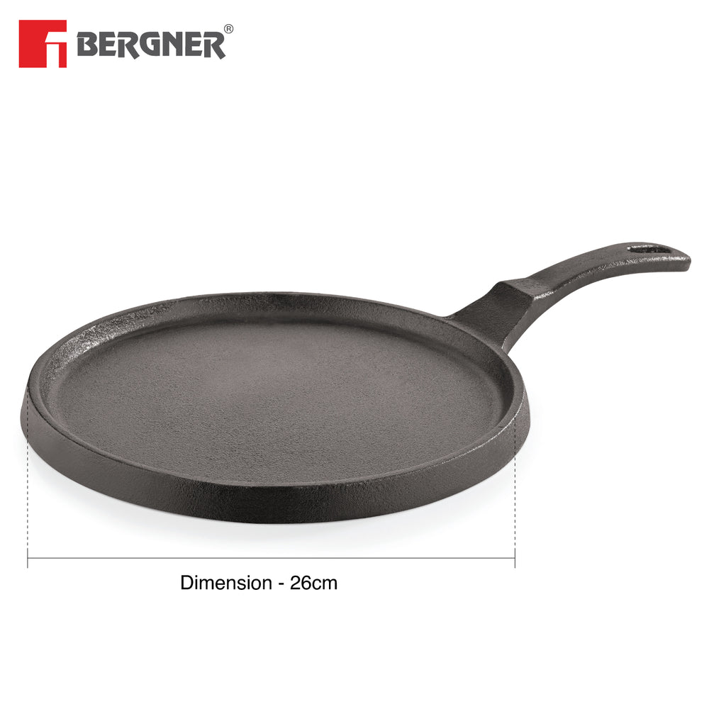 Bergner Eco Cast Iron 26cm Pizza Pan, Pre-Seasoned, Even Heat Distribution, Comes with Silicone Sleeves - Induction Compatible
