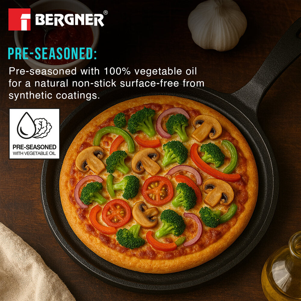 Bergner Eco Cast Iron 26cm Pizza Pan, Pre-Seasoned, Even Heat Distribution, Comes with Silicone Sleeves - Induction Compatible