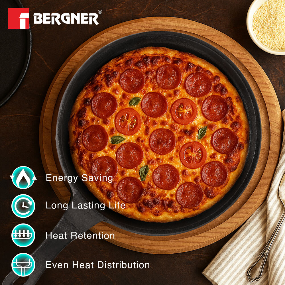 Bergner Eco Cast Iron 26cm Pizza Pan, Pre-Seasoned, Even Heat Distribution, Comes with Silicone Sleeves - Induction Compatible