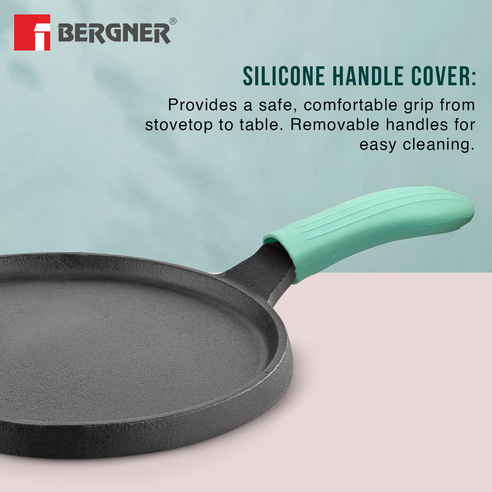 Bergner Eco Cast Iron 26cm Pizza Pan, Pre-Seasoned, Even Heat Distribution, Comes with Silicone Sleeves - Induction Compatible
