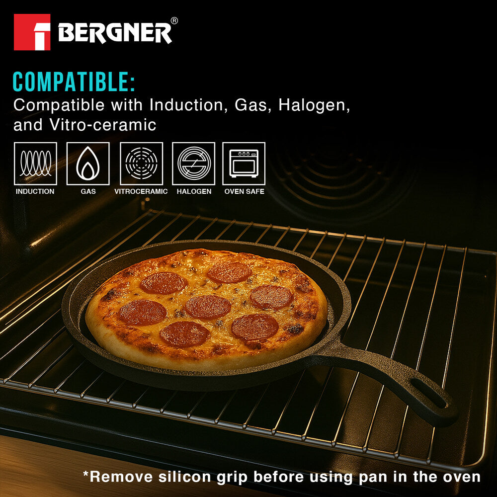 Bergner Eco Cast Iron 26cm Pizza Pan, Pre-Seasoned, Even Heat Distribution, Comes with Silicone Sleeves - Induction Compatible