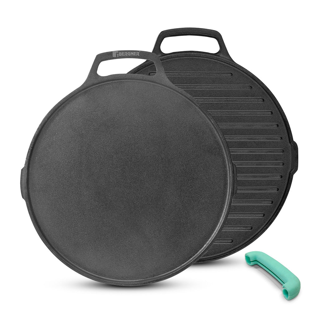 Eco Cast Iron 26cm Double Side Grill Pan, Comes with Silicone Sleeves - Induction Compatible