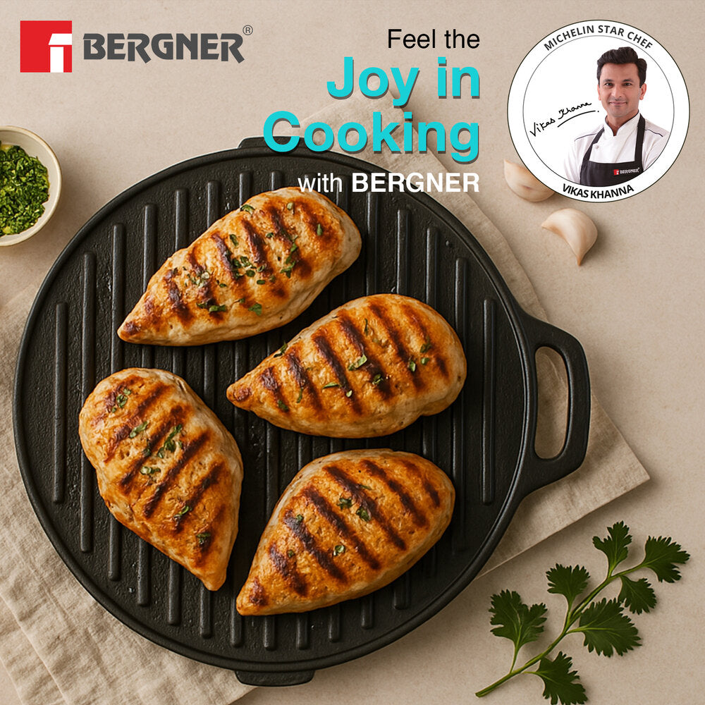 Eco Cast Iron 26cm Double Side Grill Pan, Comes with Silicone Sleeves - Induction Compatible