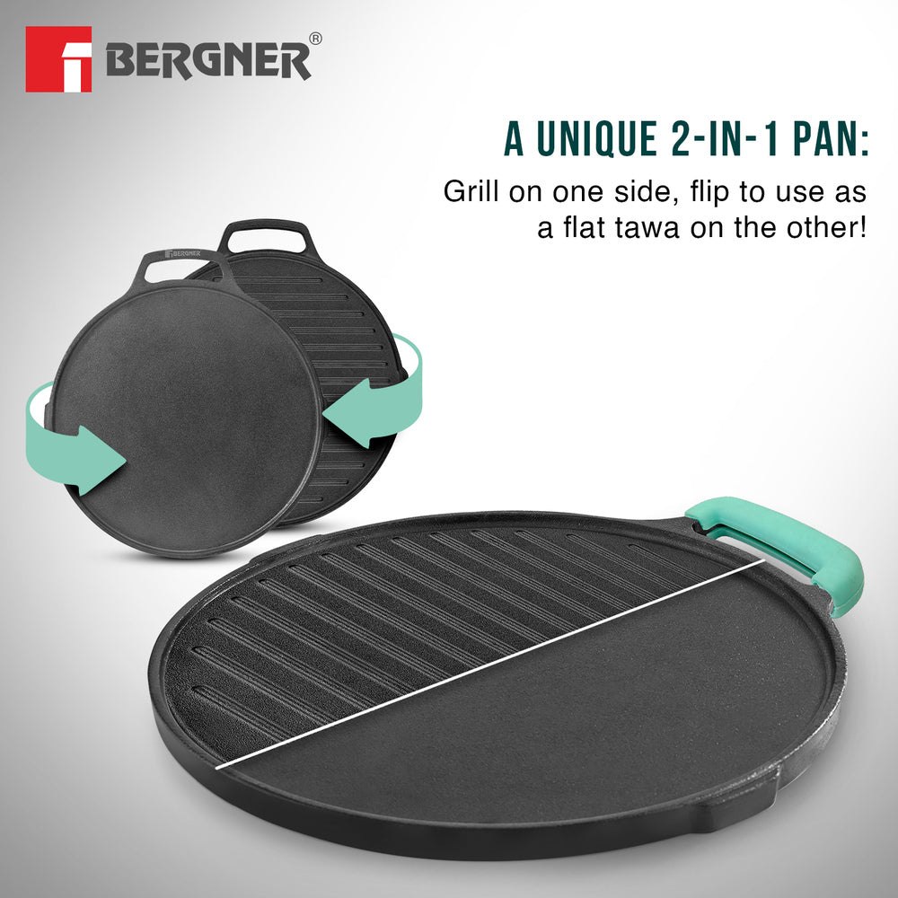 Eco Cast Iron 26cm Double Side Grill Pan, Comes with Silicone Sleeves - Induction Compatible