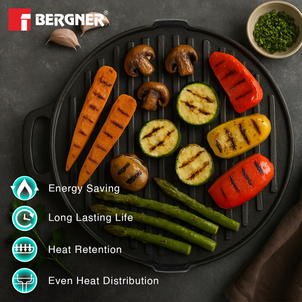 Eco Cast Iron 26cm Double Side Grill Pan, Comes with Silicone Sleeves - Induction Compatible