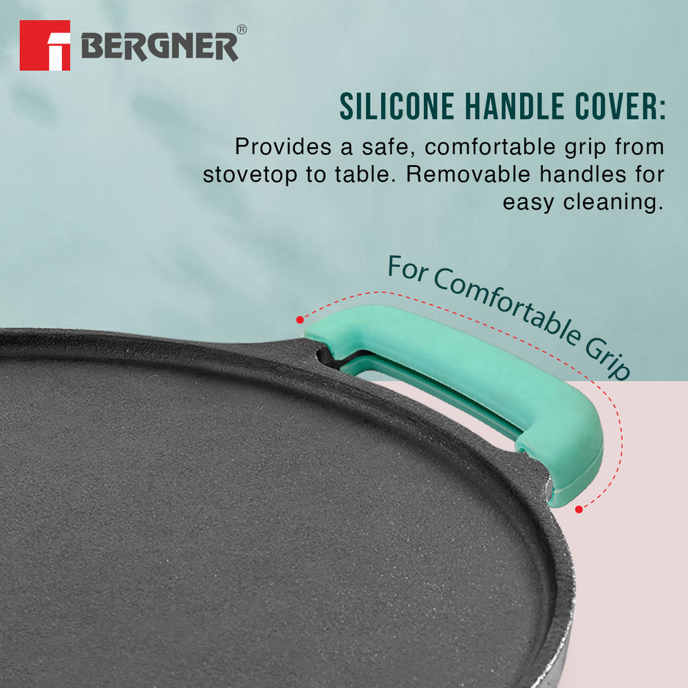 Eco Cast Iron 26cm Double Side Grill Pan, Comes with Silicone Sleeves - Induction Compatible