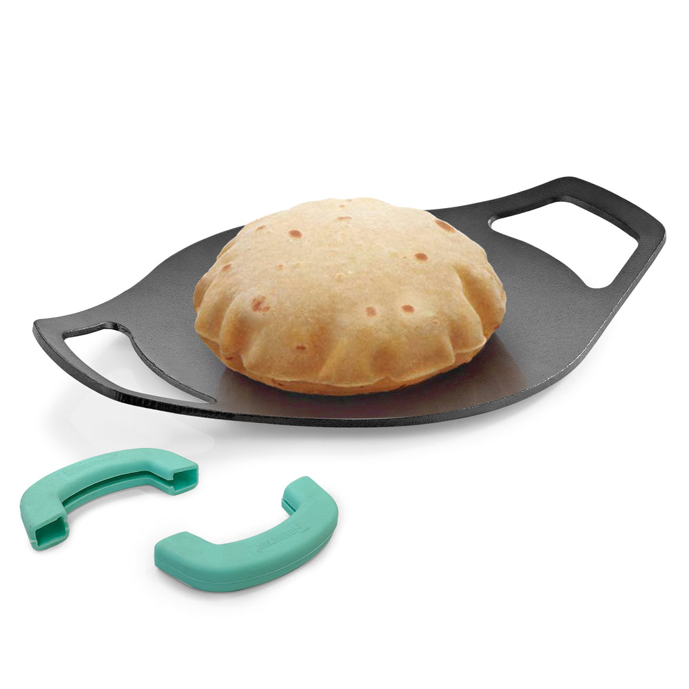 Eco Cast Iron 24cm Concave Tawa Roti Tawa, Comes with Silicone Sleeves  Induction Compatible