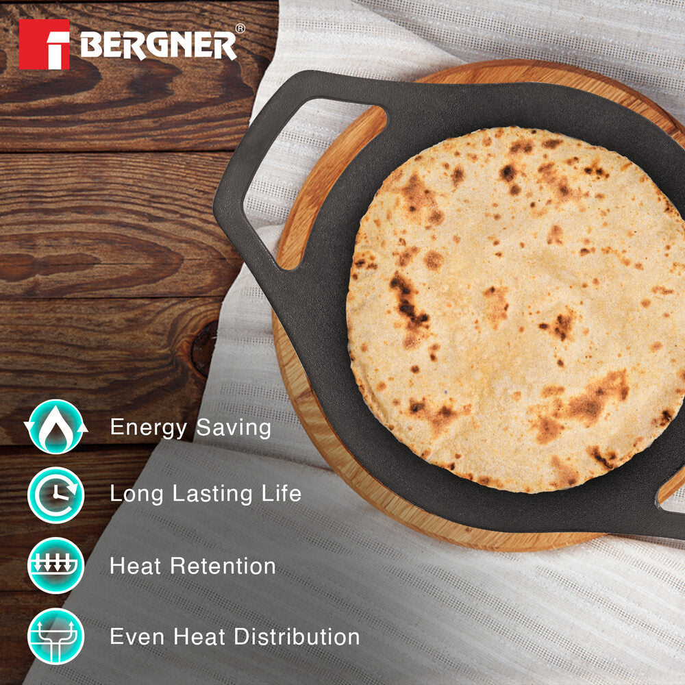 Eco Cast Iron 24cm Concave Tawa / Roti Tawa, Comes with Silicone Sleeves - Induction Compatible
