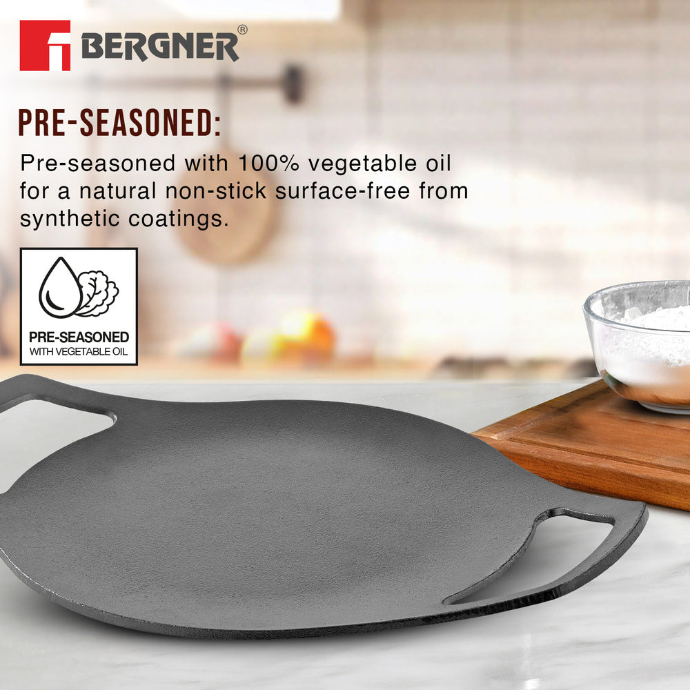 Eco Cast Iron 24cm Concave Tawa / Roti Tawa, Comes with Silicone Sleeves - Induction Compatible