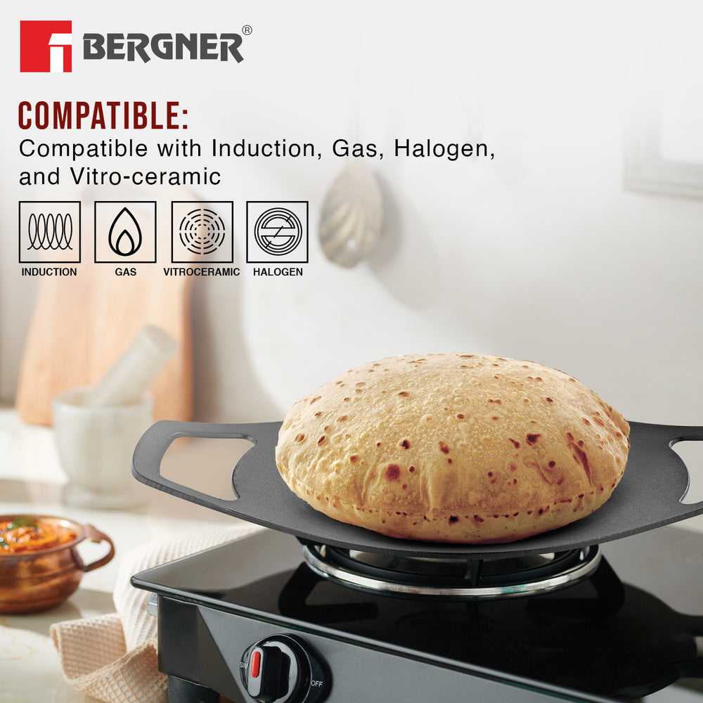 Eco Cast Iron 24cm Concave Tawa / Roti Tawa, Comes with Silicone Sleeves - Induction Compatible