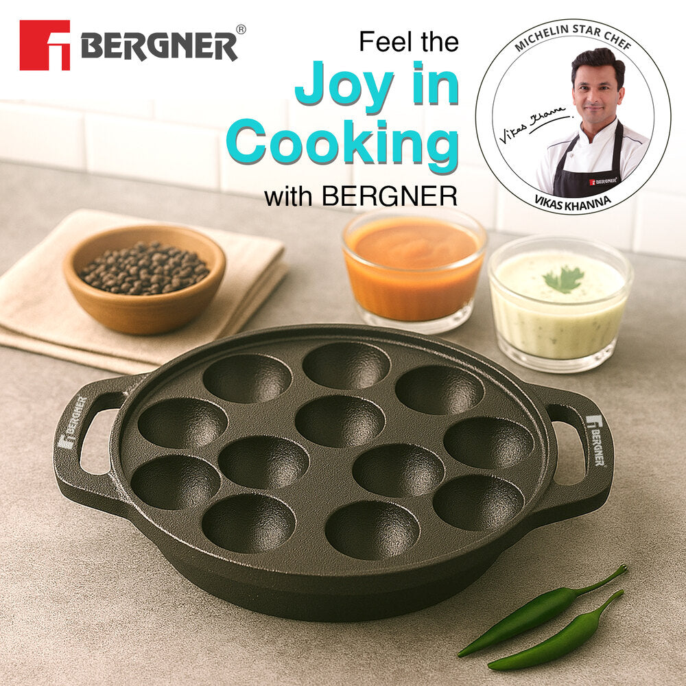 Eco Cast Iron Appam Patra with 12 Pits, Comes with Silicone Sleeves - Induction Compatible