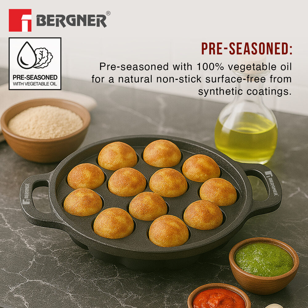 Eco Cast Iron Appam Patra with 12 Pits, Comes with Silicone Sleeves - Induction Compatible
