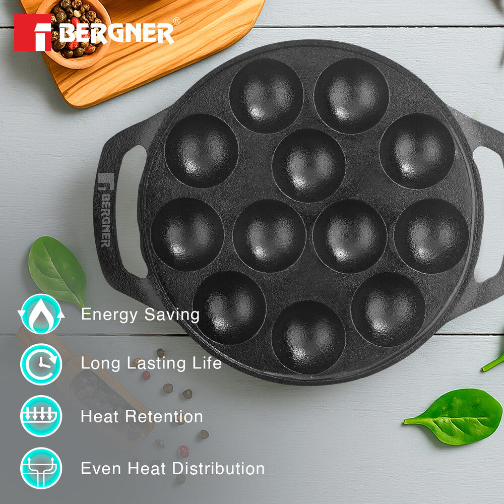 Eco Cast Iron Appam Patra with 12 Pits, Comes with Silicone Sleeves - Induction Compatible