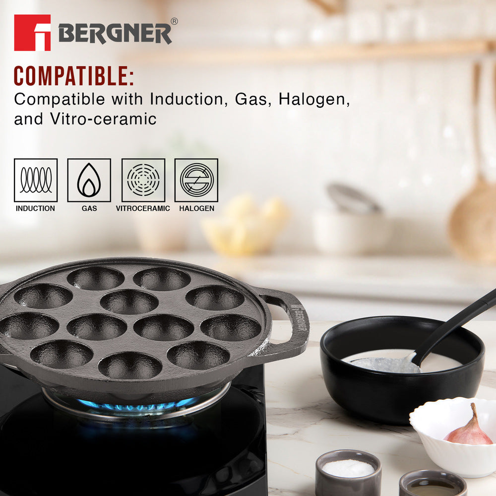 Eco Cast Iron Appam Patra with 12 Pits, Comes with Silicone Sleeves - Induction Compatible