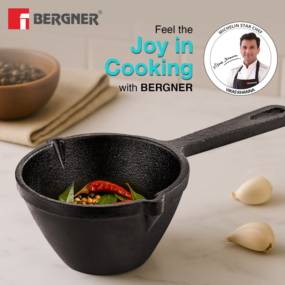 Bergner Eco Cast Iron 10cm Tadkapan, Pre-Seasoned, Even Heat Distribution, Comes with Silicone Sleeves - Induction Compatible