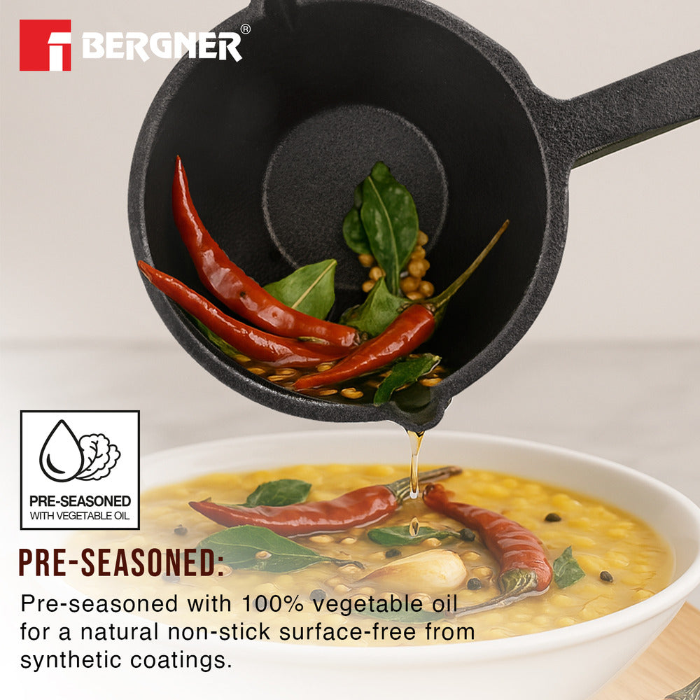 Bergner Eco Cast Iron 10cm Tadkapan, Pre-Seasoned, Even Heat Distribution, Comes with Silicone Sleeves - Induction Compatible
