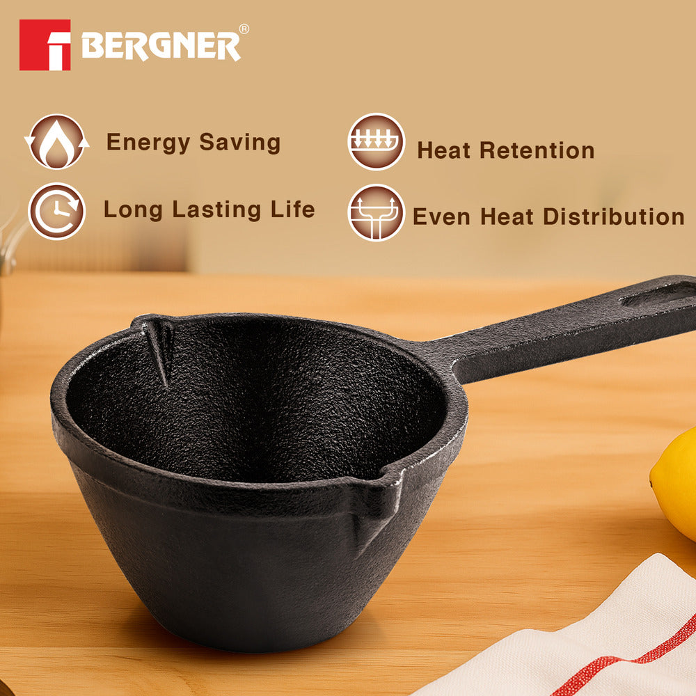 Bergner Eco Cast Iron 10cm Tadkapan, Pre-Seasoned, Even Heat Distribution, Comes with Silicone Sleeves - Induction Compatible
