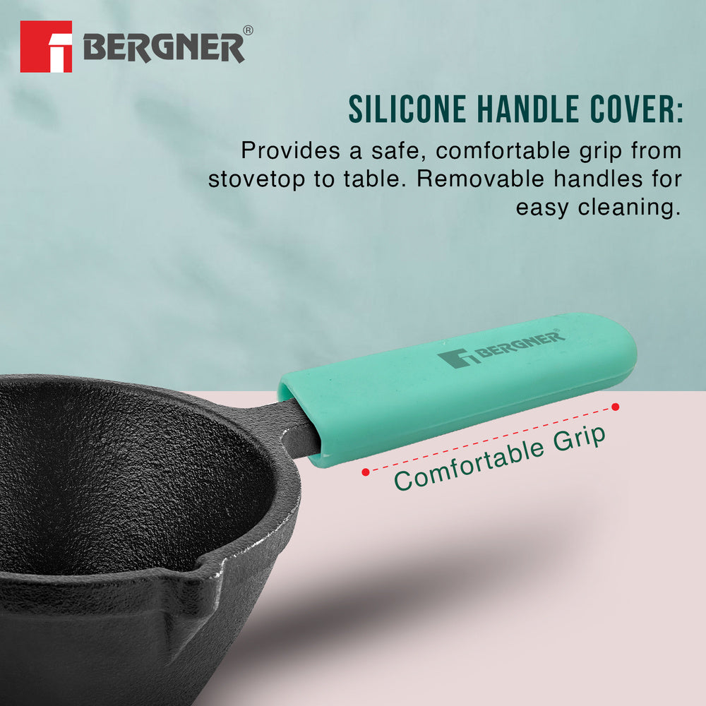 Bergner Eco Cast Iron 10cm Tadkapan, Pre-Seasoned, Even Heat Distribution, Comes with Silicone Sleeves - Induction Compatible