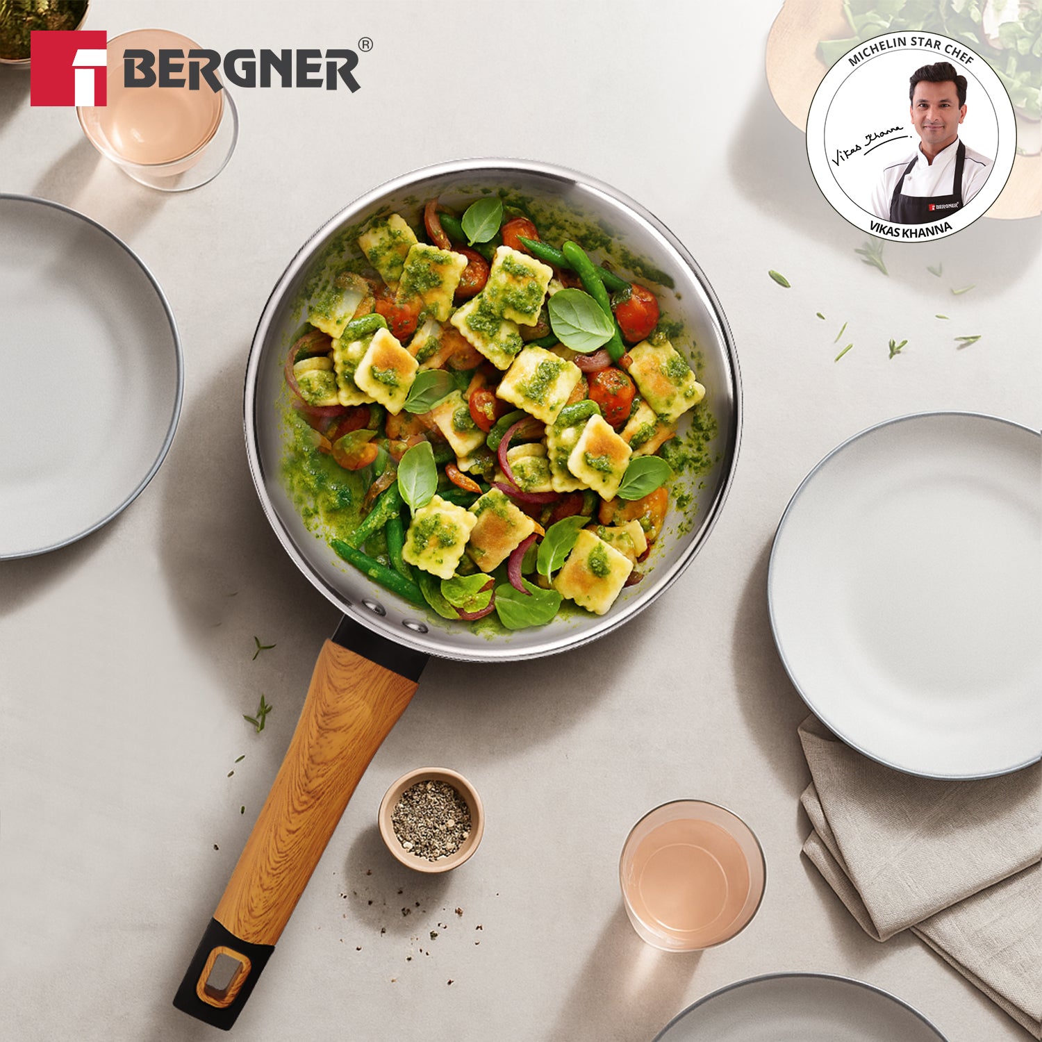 TriPro Tri-Ply Stainless Steel 24cm Frypan with Wooden Soft Touch Handle - Induction Compatible