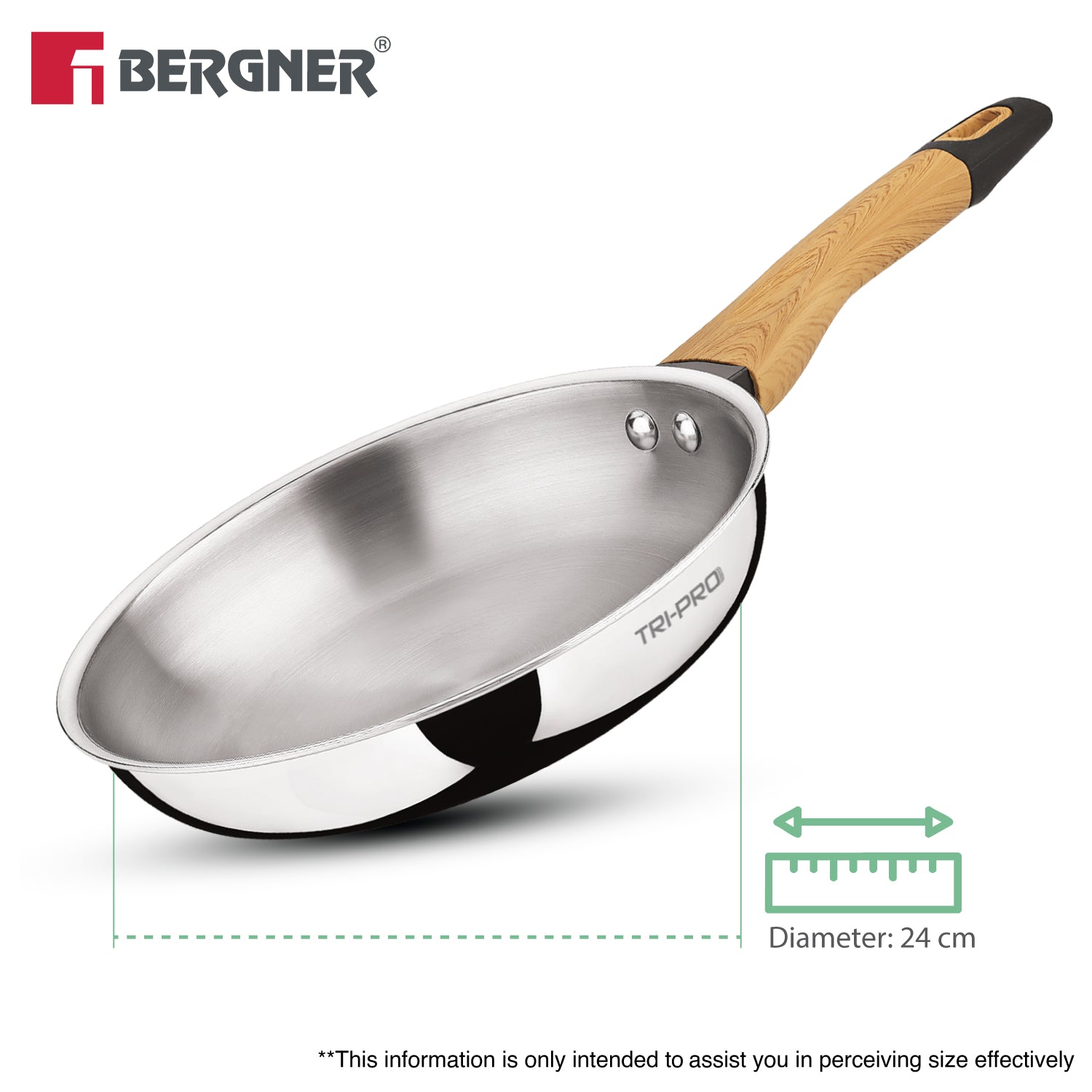 TriPro Tri-Ply Stainless Steel 24cm Frypan with Wooden Soft Touch Handle - Induction Compatible