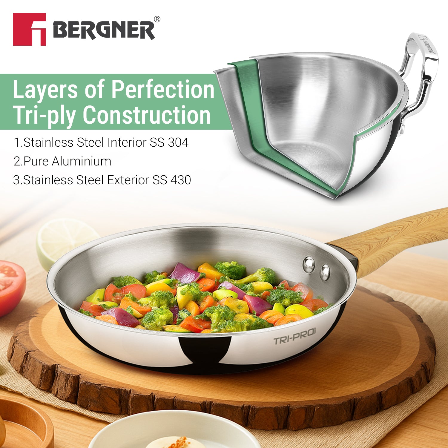 TriPro Tri-Ply Stainless Steel 24cm Frypan with Wooden Soft Touch Handle - Induction Compatible