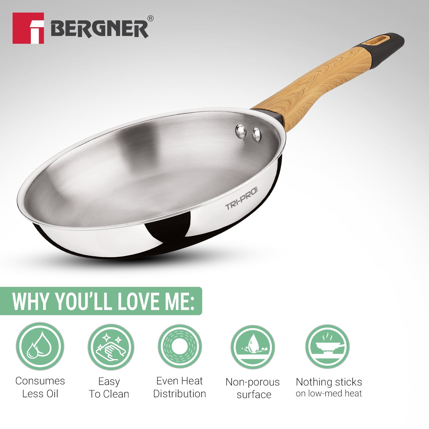 TriPro Tri-Ply Stainless Steel 24cm Frypan with Wooden Soft Touch Handle - Induction Compatible