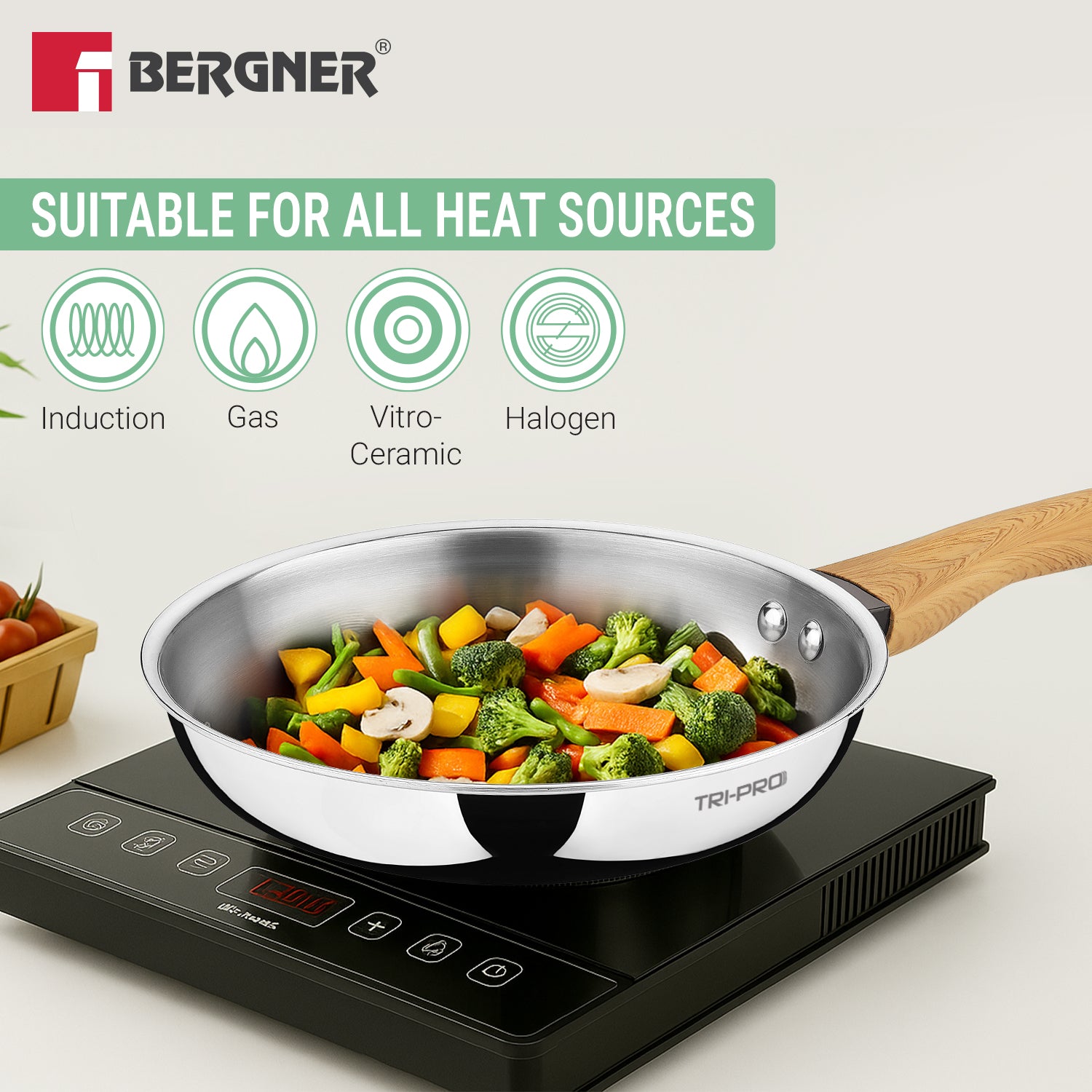 TriPro Tri-Ply Stainless Steel 24cm Frypan with Wooden Soft Touch Handle - Induction Compatible