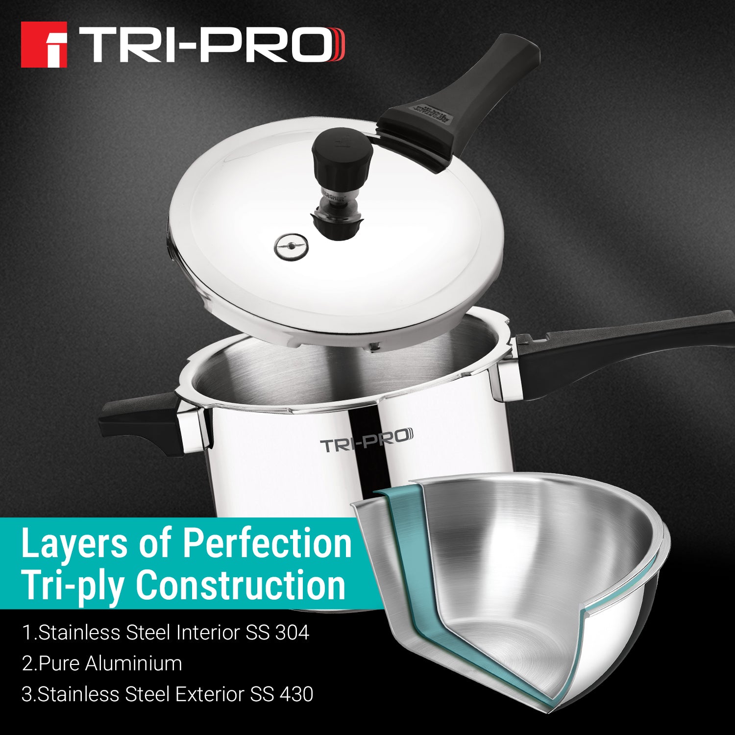 BE Essentials TriPro Tri-Ply Stainless Steel 5L Outer Lid Pressure Cooker - Induction Compatible