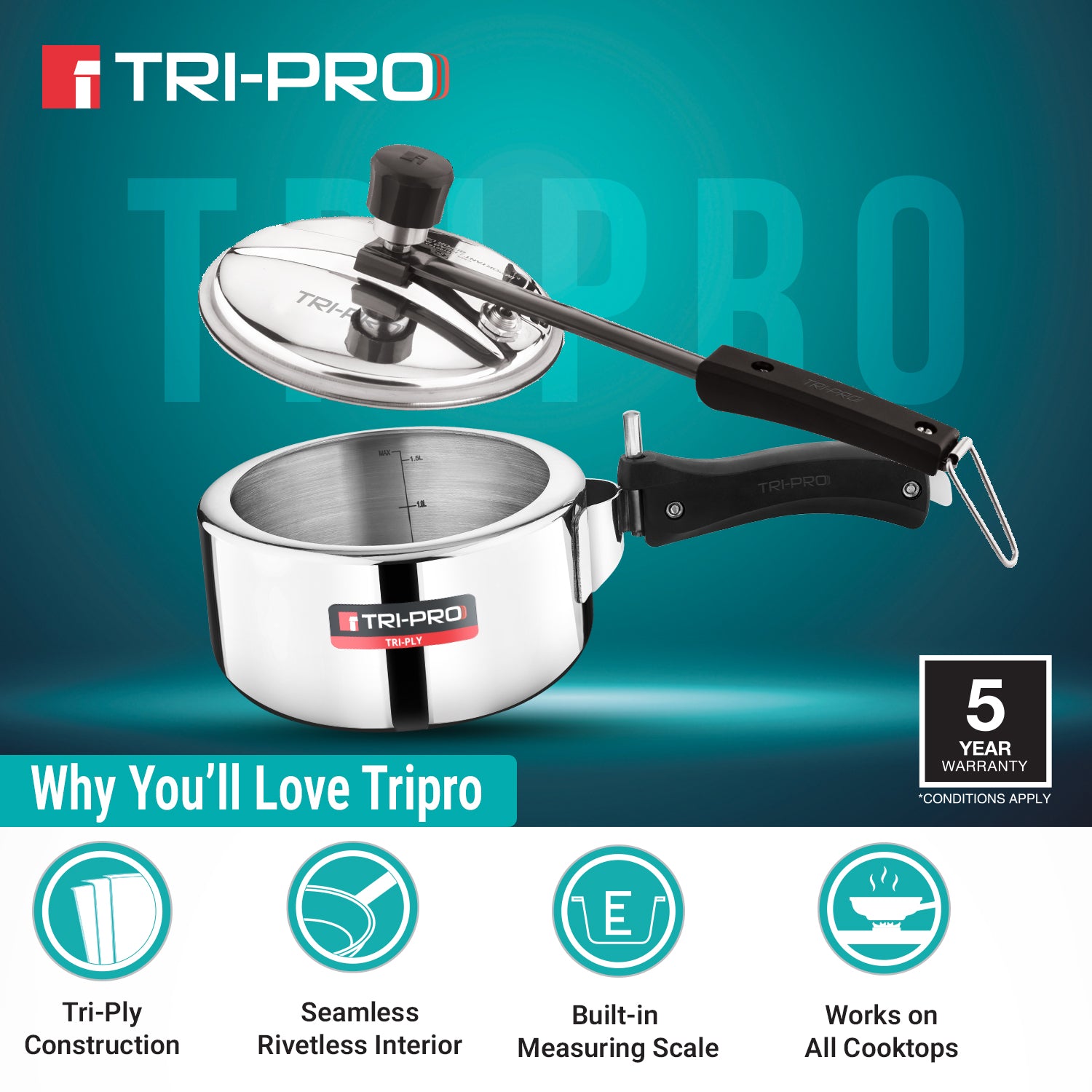 Tripro Triply 2L Stainless Steel Inner Lid Pressure Cooker
