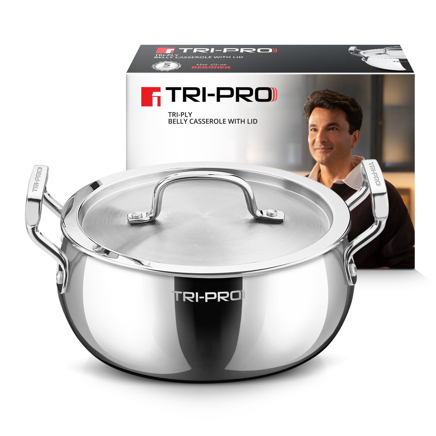 TriPro Triply Stainless Steel 18cm/2.3L Belly Shape Casserole / Biryani Handi with Lid