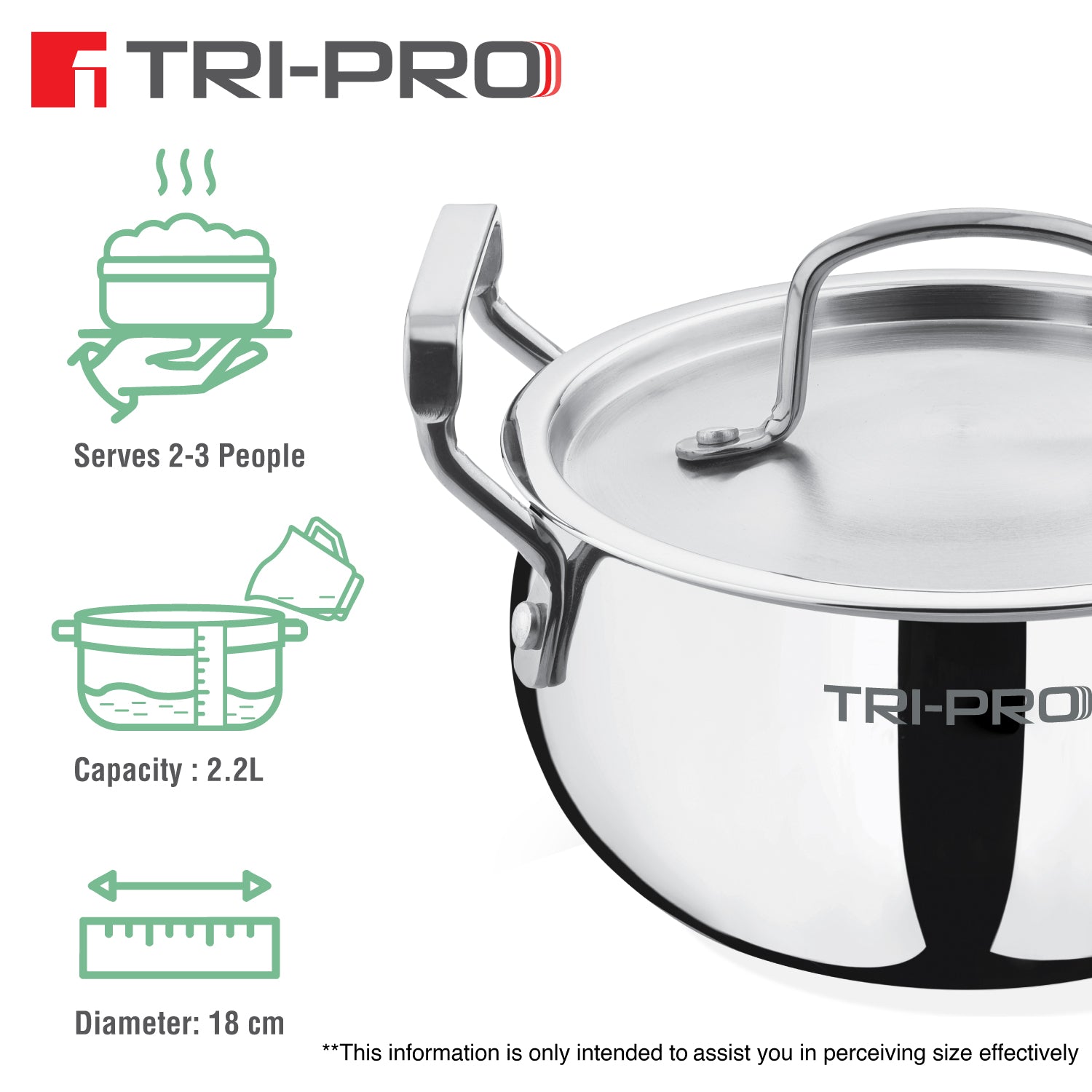 TriPro Triply Stainless Steel 18cm/2.3L Belly Shape Casserole / Biryani Handi with Lid