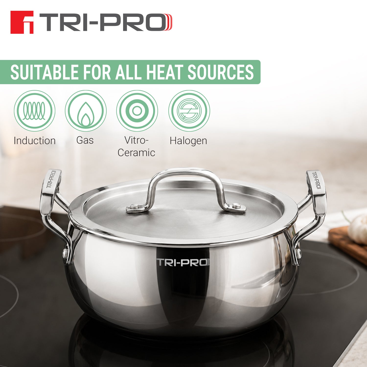 TriPro Triply Stainless Steel 18cm/2.3L Belly Shape Casserole / Biryani Handi with Lid
