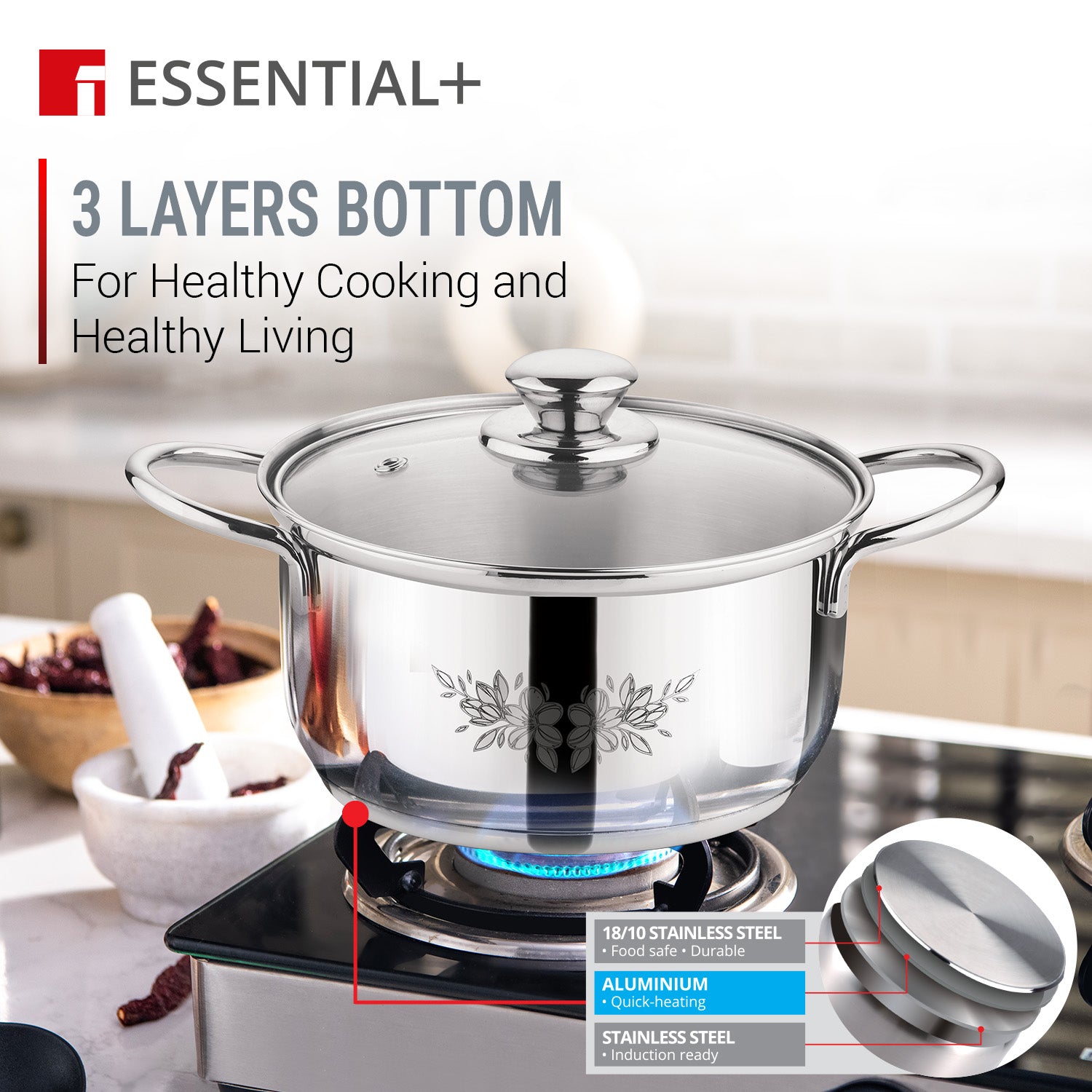 Essential Plus Stainless Steel 4 Pcs Casserole Set with Lid