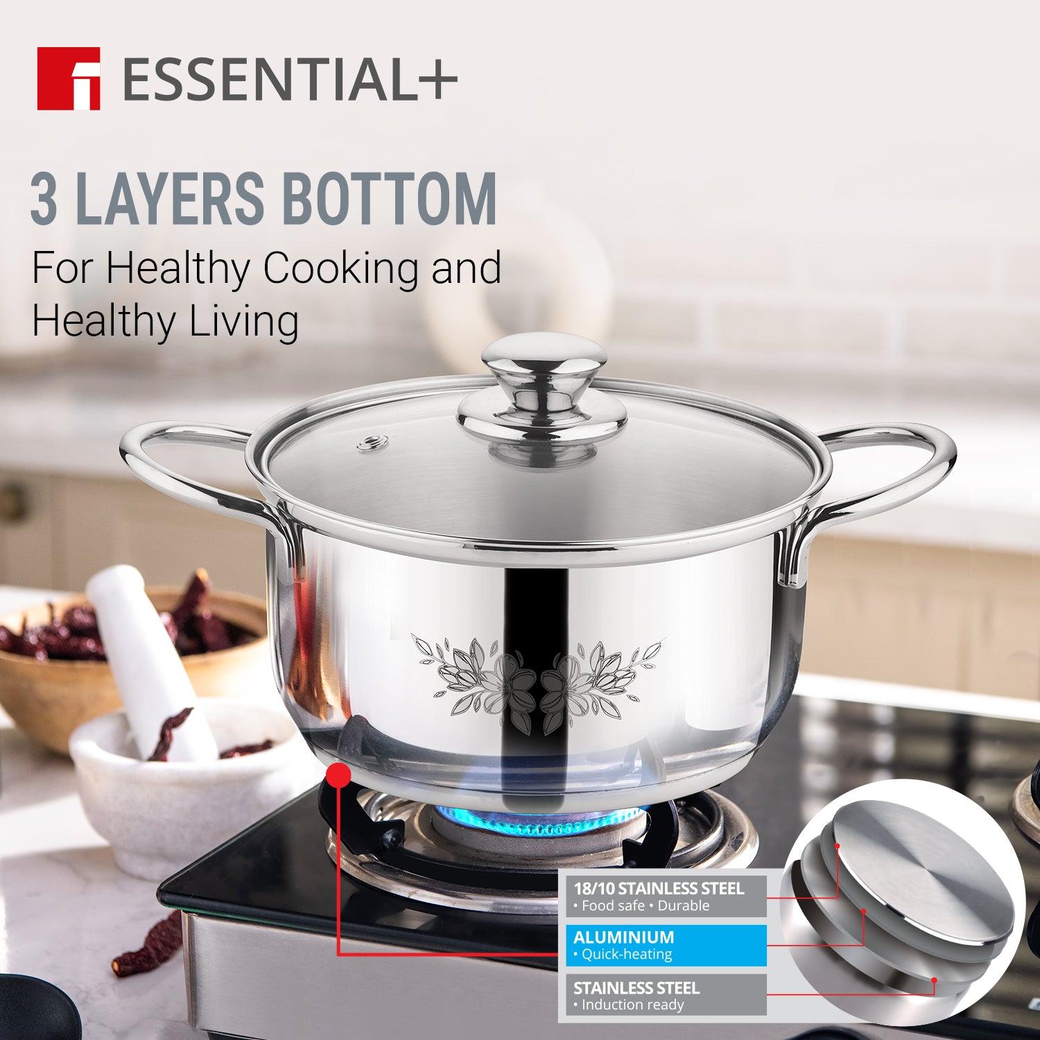 Essential Plus Stainless Steel 4 Pcs Casserole Set with Lid