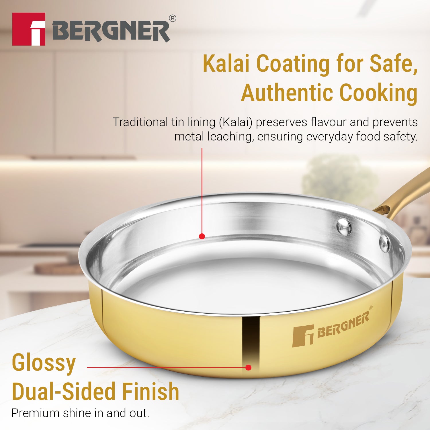 Bergner Peetlam Sautepan with Lid 22cm/1.3L, Traditional, Tin/Kalai Coated Brass