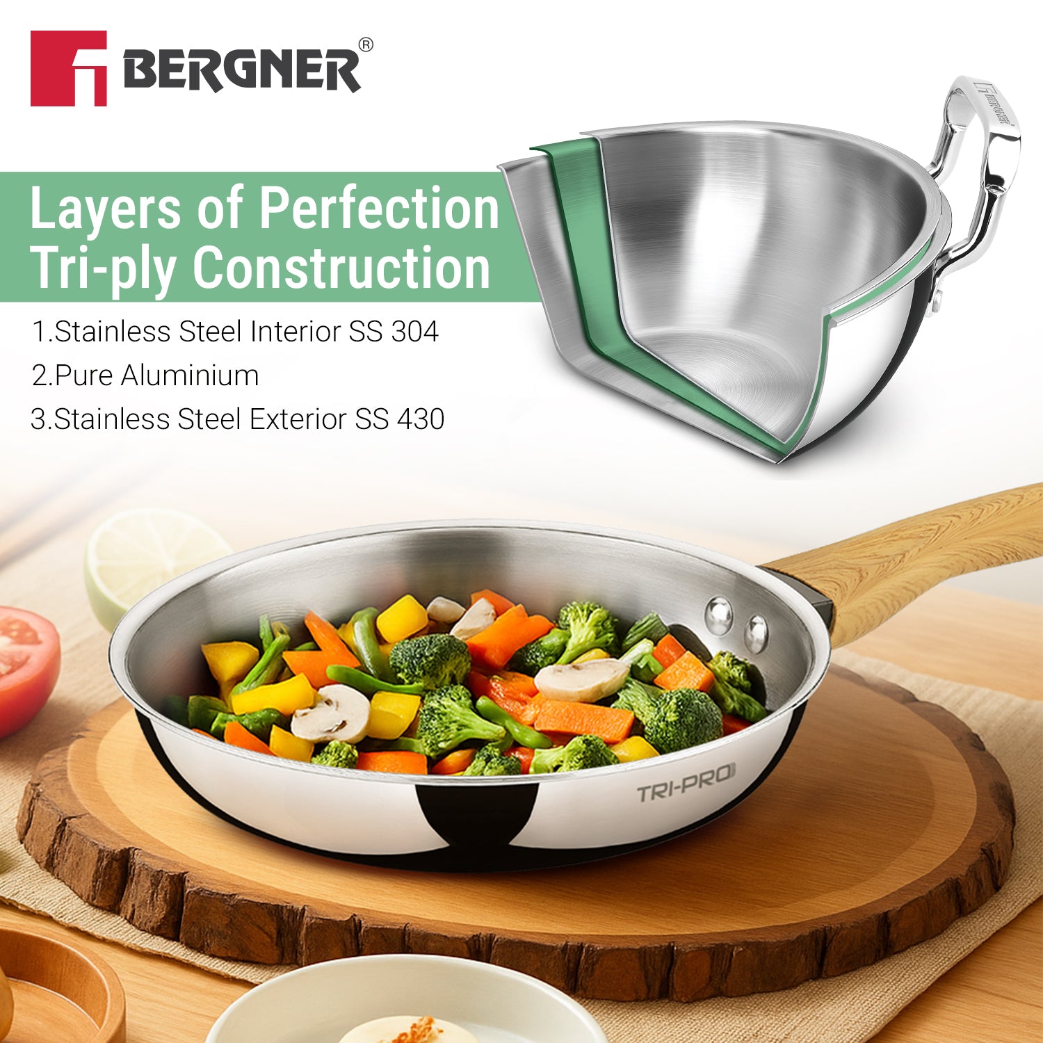 TriPro Triply Stainless Steel 2 Pcs Wooden Soft Touch Handle Cookware Set