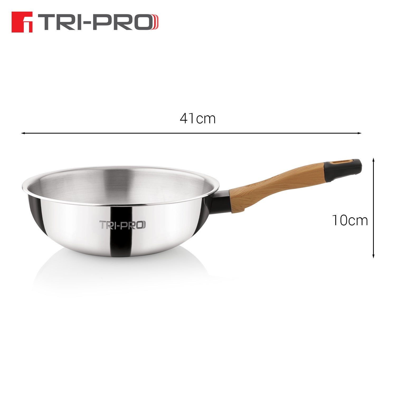 Tri-Pro 22cm tri-ply stainless steel wok dimension diagram showing 41cm overall length with wooden handle and 10cm total height