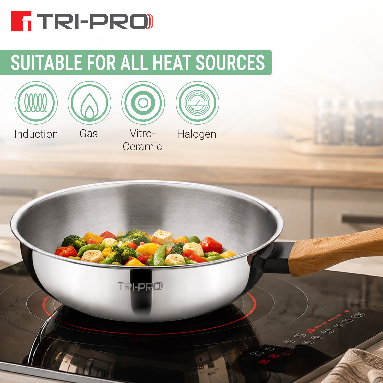 Tri-Pro 22cm tri-ply stainless steel wok with wooden handle on an induction cooktop, highlighting compatibility with induction, gas, vitro-ceramic, and halogen heat sources
