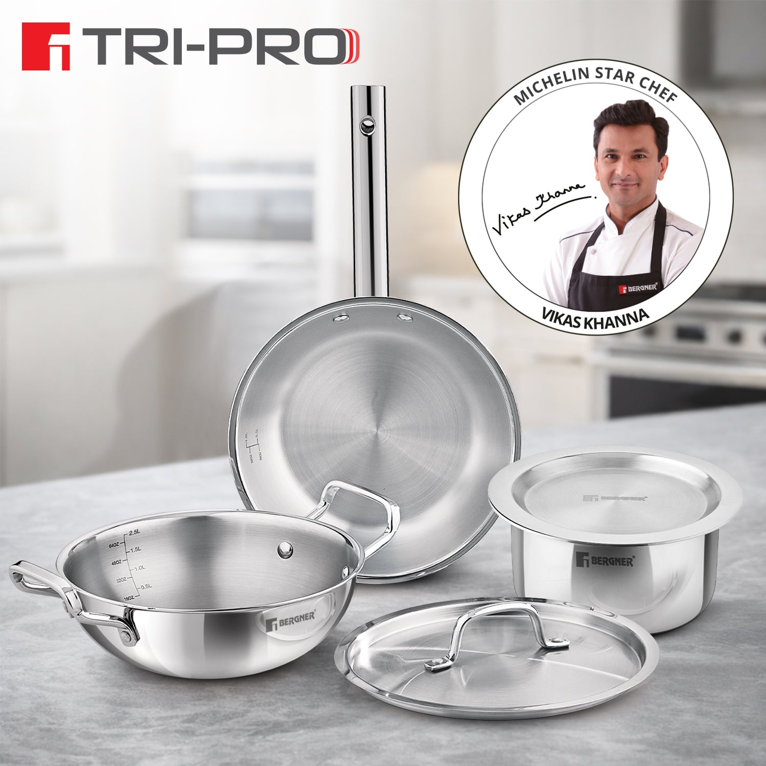 Bergner Tripro Triply 5 Pcs Cookware Set - Induction Bottom