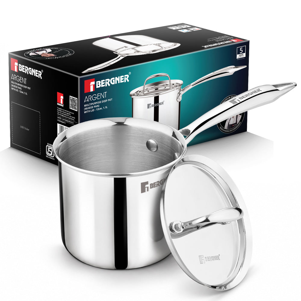 Argent Triply Stainless Steel Deep Pot (Mudde) 12cm (1.2L) with Lid