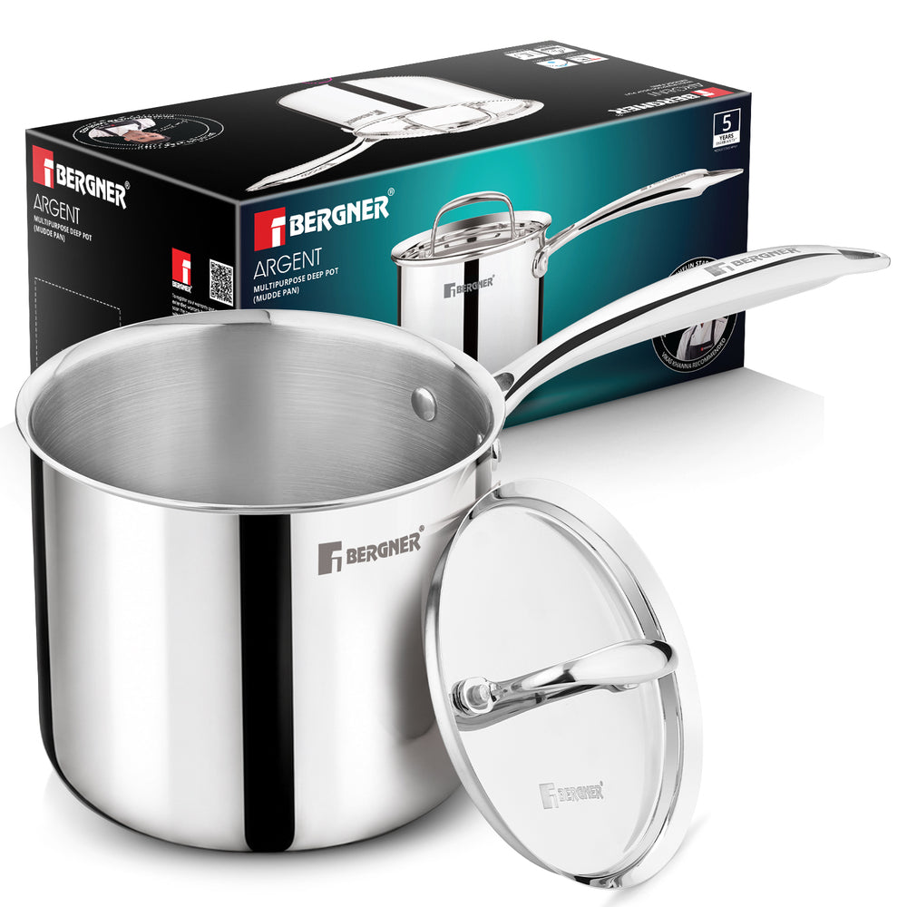Argent Triply Stainless Steel Deep Pot (Mudde) 16cm (3L) with Lid