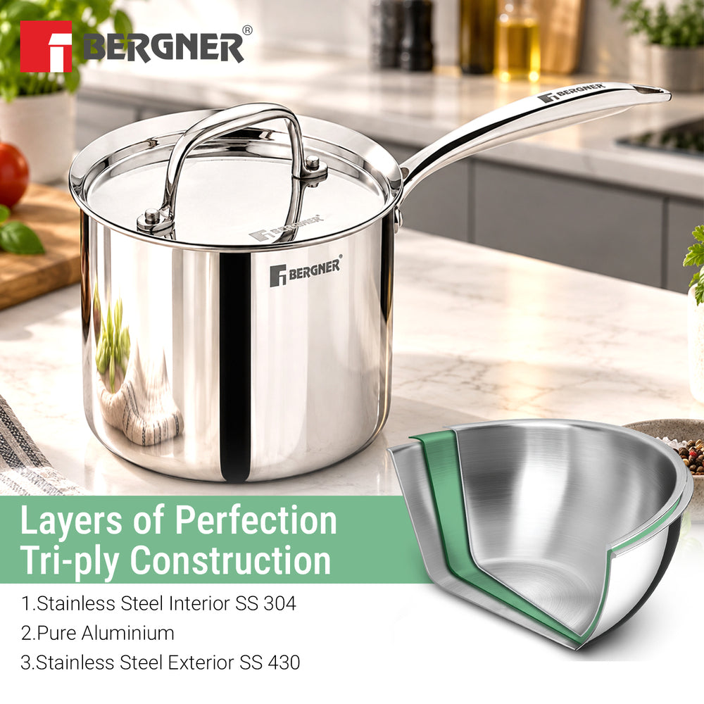 Argent Triply Stainless Steel Deep Pot (Mudde) 16cm (3L) with Lid