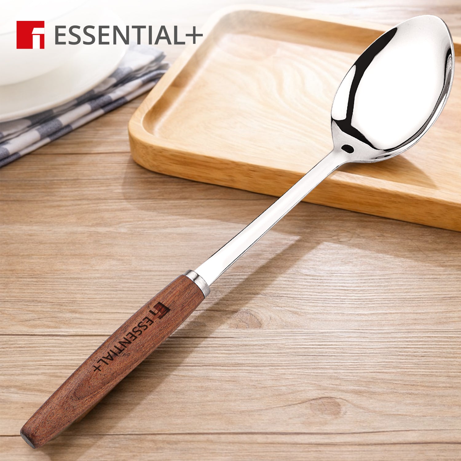 Essential Plus Stainless Steel 34cm Solid Spoon with Wooden Handle