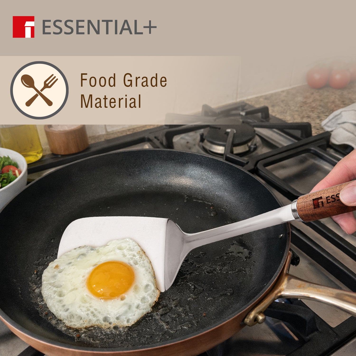 Essential Plus Stainless Steel 34cm Solid Turner with Wooden Handle