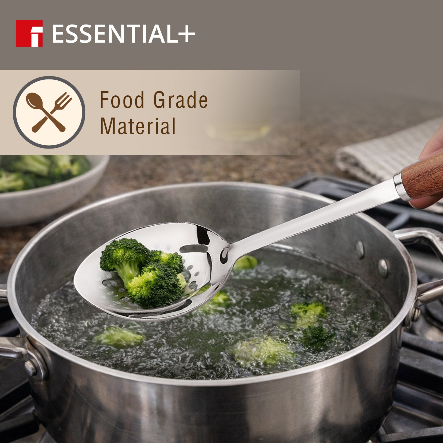 Essential Plus Stainless Steel 34cm Slotted Spoon with Wooden Handle