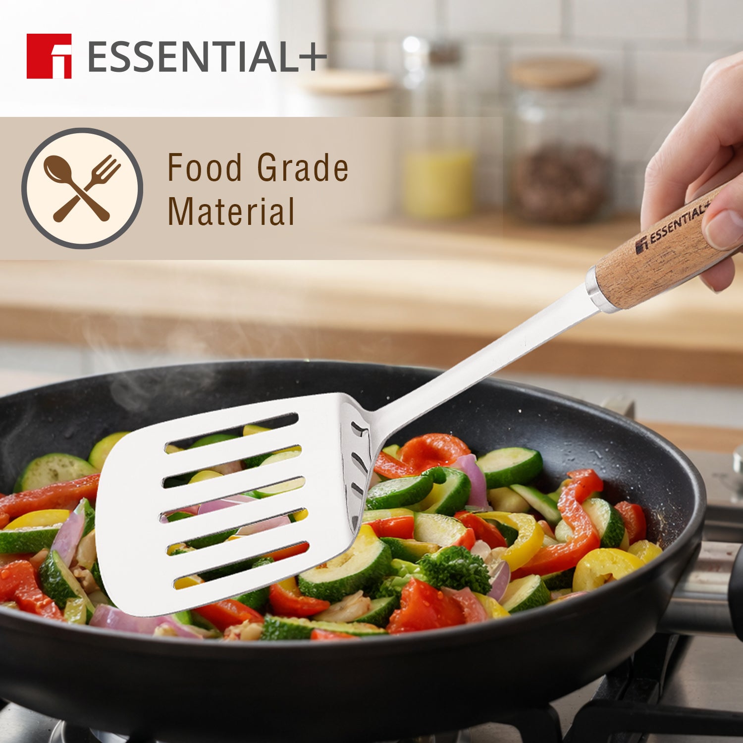 Essential Plus Stainless Steel 34cm Slotted Turner with Wooden Handle