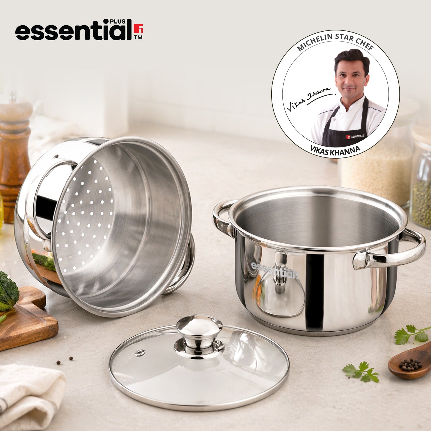 Essential Plus Stainless Steel 2 Tier Steamer (18cm Diameter)