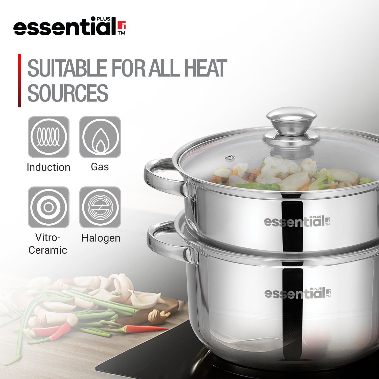 Essential Plus Stainless Steel 2 Tier Steamer (18cm Diameter)