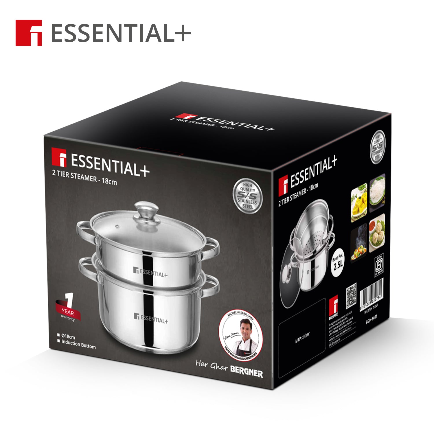 Essential Plus Stainless Steel 2 Tier Steamer (18cm Diameter)