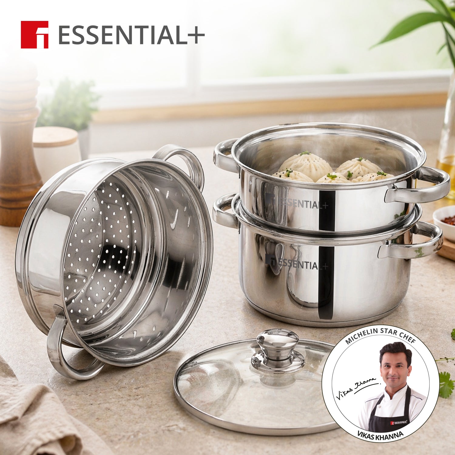 Essential Plus Stainless Steel 3 Tier Steamer with Glass Lid (20cm)
